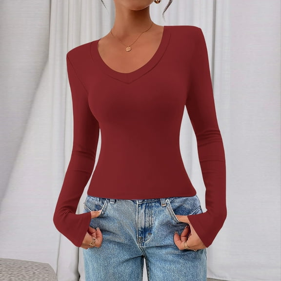 Women Long Sleeve V Neck Slim Fit Shirts Basic Tee Tops 2025 Fall Casual T Shirt Blouse Outfits Clothes Wine S