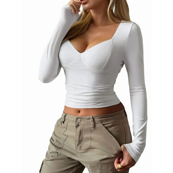 Female Long Sleeve V Neck T Shirts Double Lined Crop Top Seamed Cup Going Out Tops White M