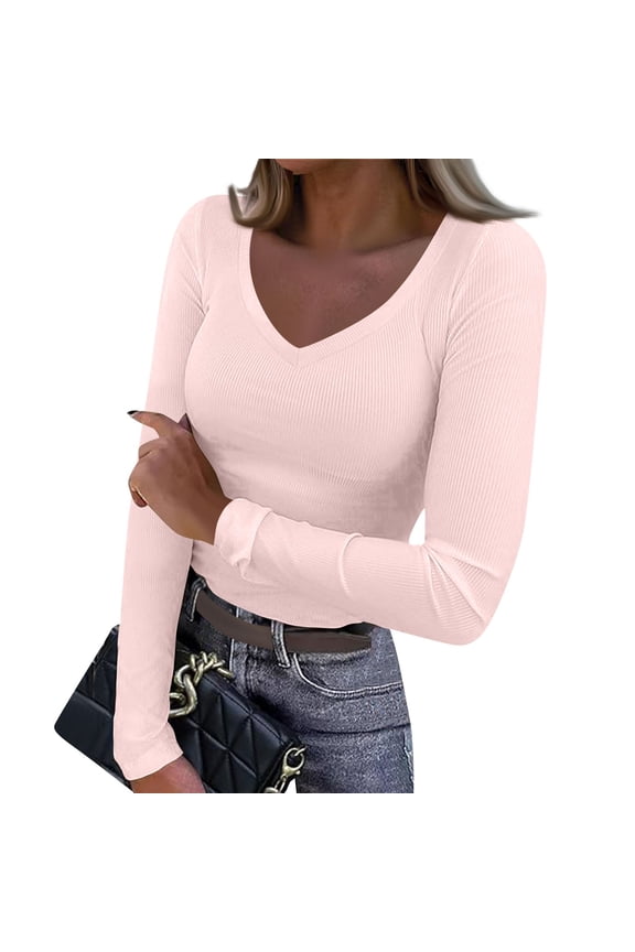 Women Long Sleeve V Neck T Shirts Ribbed Knit Slim Fitted Tops Casual Basic Tight Tee T-Shirts 2026 Fall Wear Light pink XL