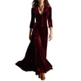 thumbnail image 1 of Women Long Sleeve V-Neck Velvet Stretchy Long Dress Wine 2XL, 1 of 4
