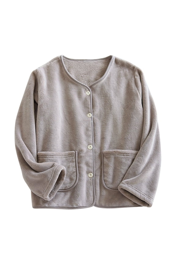 Women Long Sleeve Warm Winter Coat Plush Button Down Sleepwear Fuzzy Fleece Fluffy Pajama Tops Jacket with Pockets