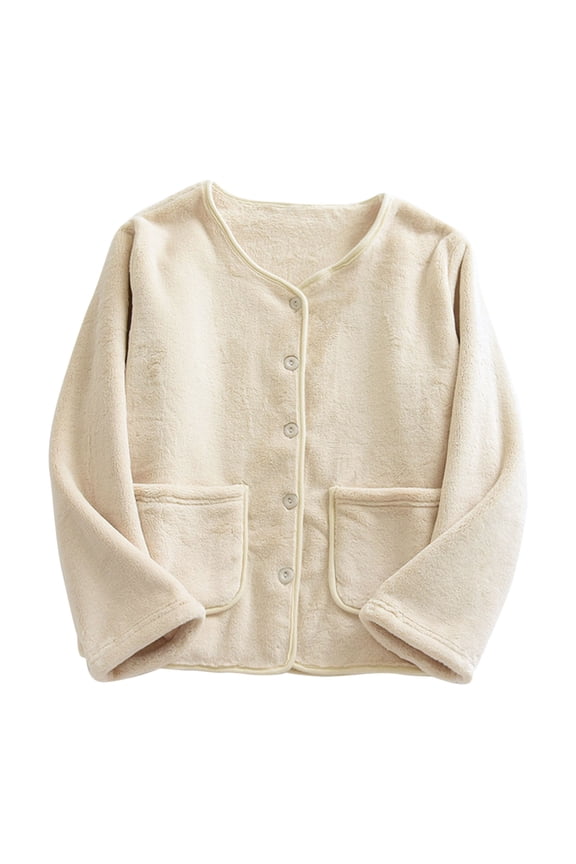 Women Long Sleeve Warm Winter Coat Plush Button Down Sleepwear Fuzzy Fleece Fluffy Pajama Tops Jacket with Pockets