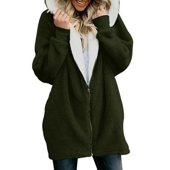 Women Long Sleeve Wool Jacket Oversized Ladies Zipper Hooded Coat Open Front Fleece Coats Solid Color Fluffy Womens Plus Coats Jackets