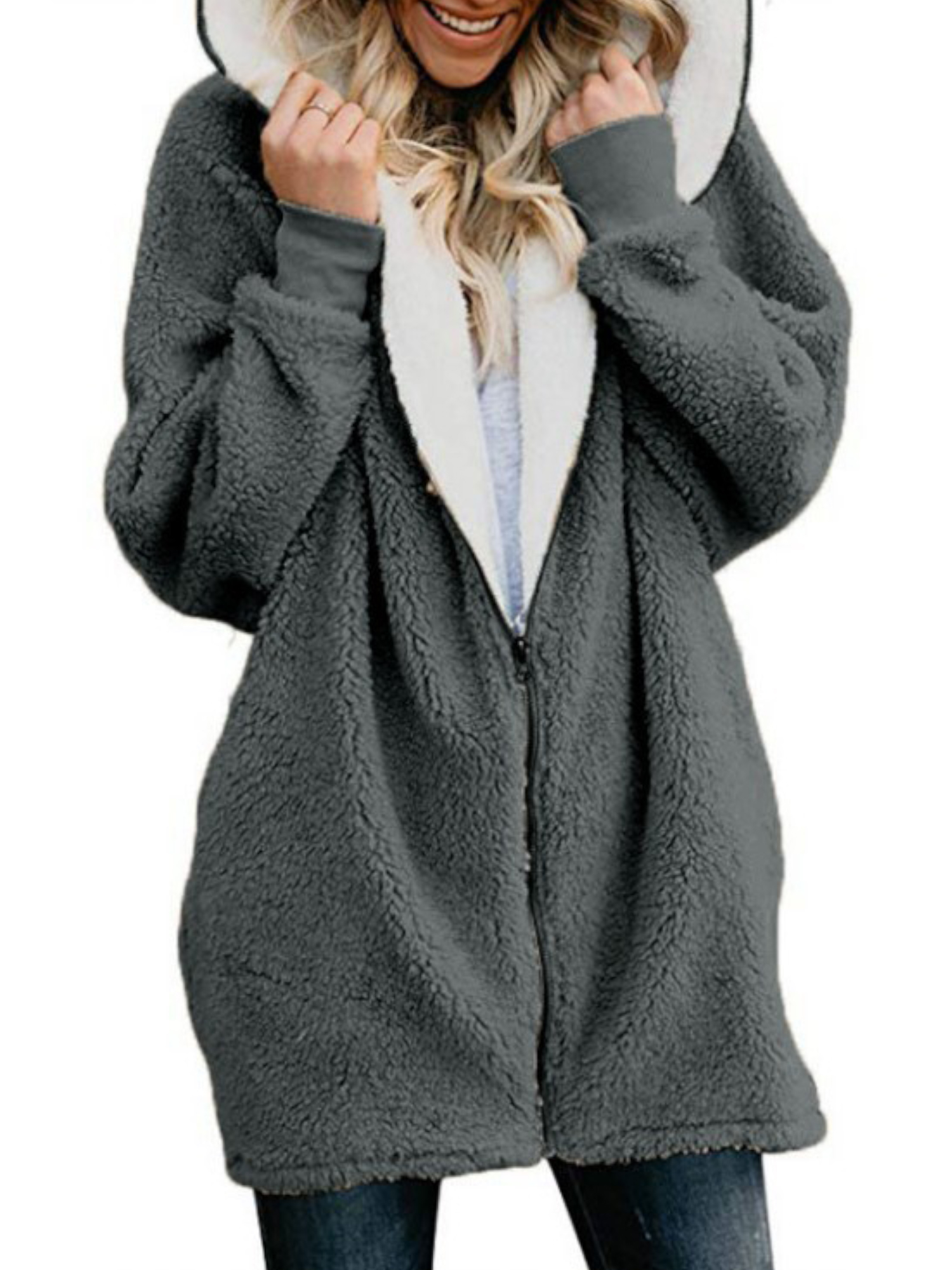 Women Long Sleeve Wool Jacket Oversized Ladies Zipper Hooded Coat Open Front Fleece Coats Solid Color Fluffy Womens Plus Coats Jackets - image 1 of 5