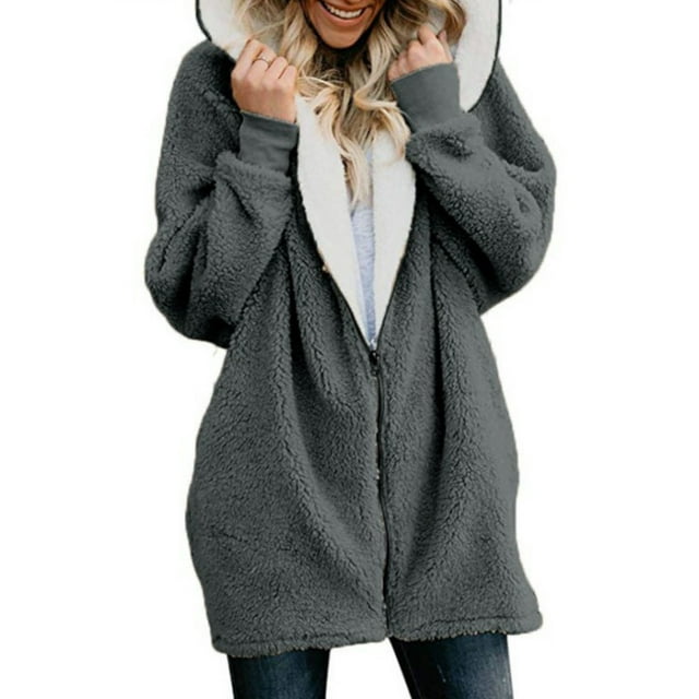 Women Long Sleeve Wool Jacket Oversized Ladies Zipper Hooded Coat Open Front Fleece Coats Solid Color Fluffy Womens Plus Coats Jackets