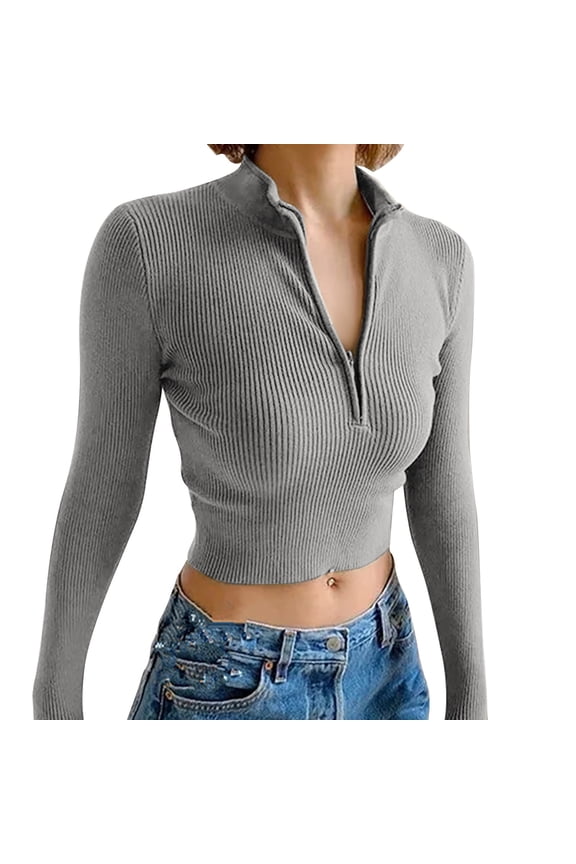 Women Long Sleeve Workout Crop Tops Half Zip Pullover Sweatshirt Ribbed Tight Fitted Athletic Shirts with Thumbholes