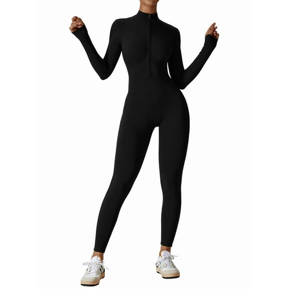 Women Long Sleeve Workout Jumpsuit Zip Up Romper Bottom Pants Bodysuit Bodycon Advanced Black L