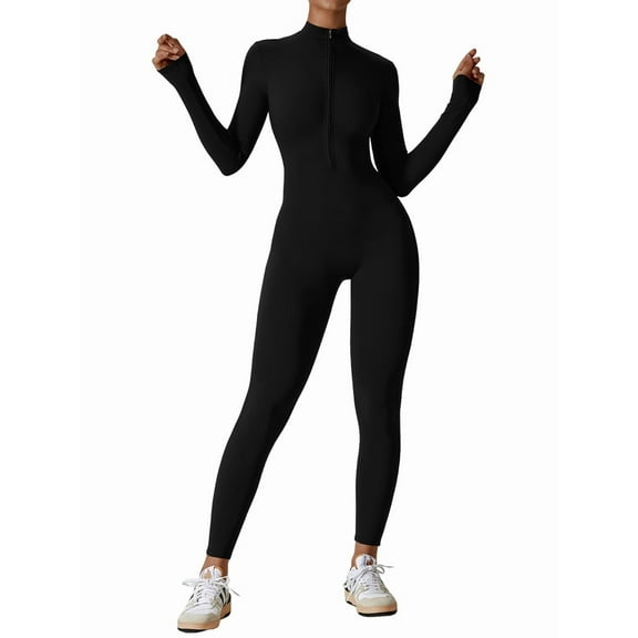 Women Long Sleeve Workout Jumpsuit Zip Up Romper Bottom Pants Bodysuit Bodycon Advanced Black M