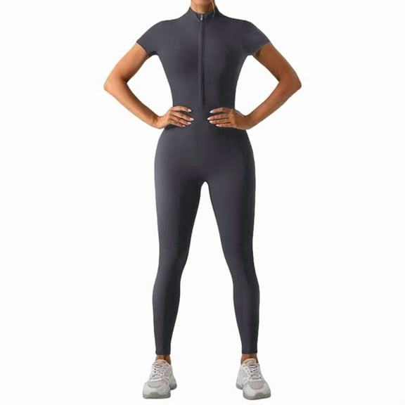 Women Long Sleeve Workout Jumpsuit Zip Up Romper Bottom Pants Bodysuit Bodycon Dark Gray-Short XL
