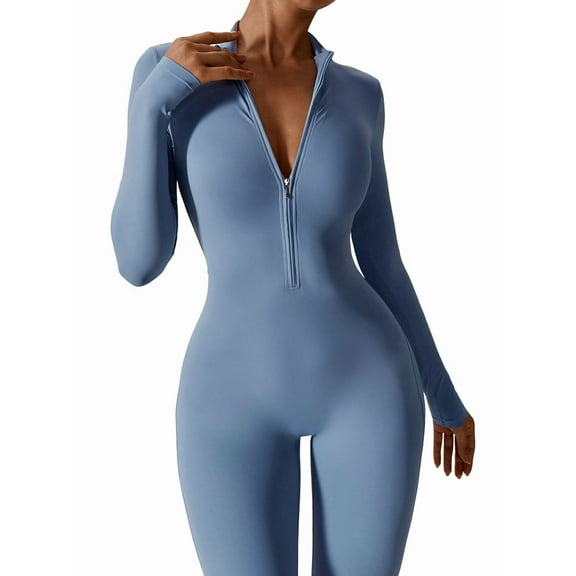 Women Long Sleeve Workout Jumpsuit Zip Up Romper Bottom Pants Bodysuit Bodycon Haze Blue XL