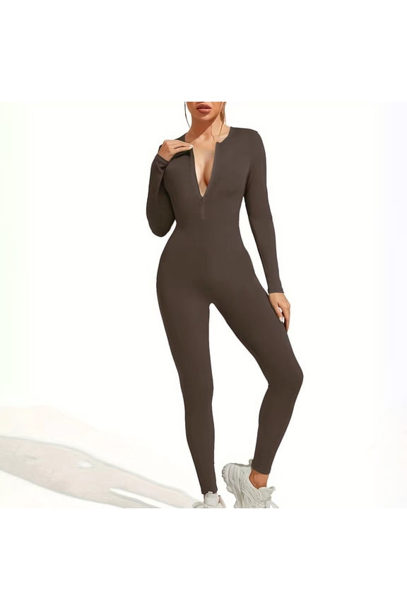 Women Long Sleeve Workout Jumpsuit Zip Up Romper Bottom Pants Bodysuit Bodycon One Piece