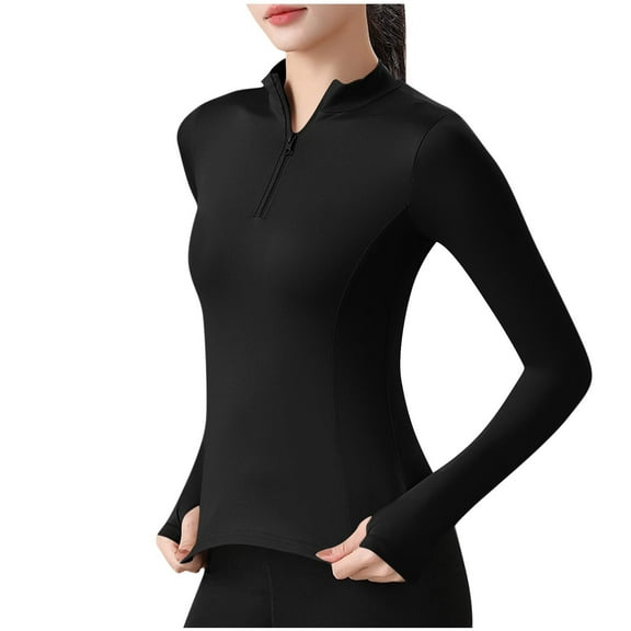Women Long Sleeve Workout Tops Lightweight Half Zip Up Slim Fit Athletic Yoga Running Casual Shirts with Thumb Holes Black XXXL