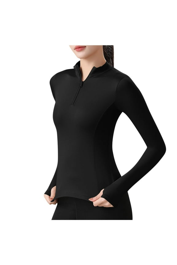 Women Long Sleeve Workout Tops Lightweight Half Zip Up Slim Fit Athletic Yoga Running Casual Shirts with Thumb Holes Black XXXL