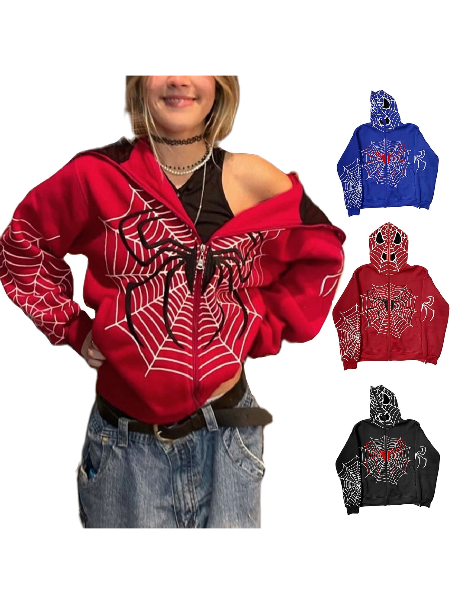 Women Long Sleeve Y2K Spider Web Print Hoodie Zipper Gothic E-Girl  Oversized Jacket Sweatshirt Cardigan with Pocket - Walmart.com