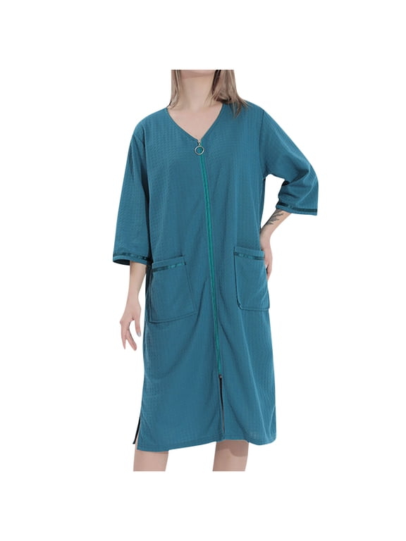 Women Long Sleeve Zip Front Nightgowns Full Length Cotton Robes Loose Housecoat Loungewear with Pockets Green XL