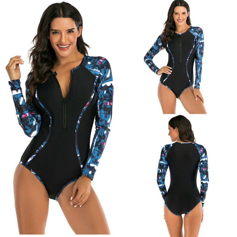 Women Long Sleeve Zip Front One Piece Swimsuit Surfing Swimwear Bathing Suit  