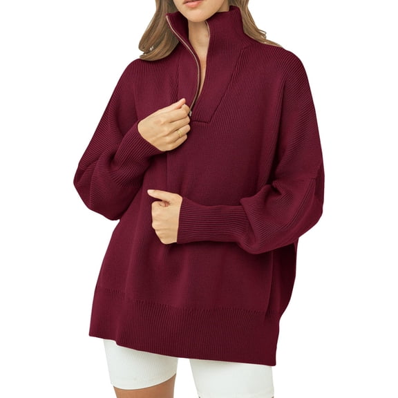 Women Long Sleeve Zip Pullover Oversized Slouchy Ribbed Knit Sweatshirt Tunic Sweater with Slit
