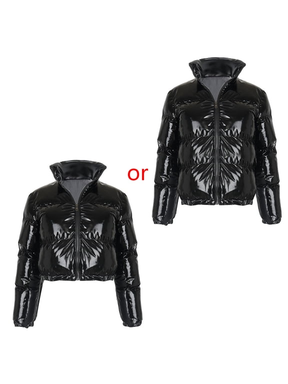 Women Long Sleeve Zipper Puffer Jacket Stand Collar Shiny Metallic Faux Leather Cropped Bubble Coat Quilted Parkas