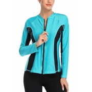 Women Long Sleeve Zipper Rash Guard Color Block Swimwear UPF 50+ Sun Protection Running Shirt