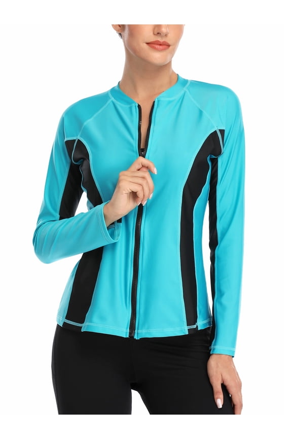 Women Long Sleeve Zipper Rash Guard Color Block Swimwear UPF 50+ Sun Protection Running Shirt