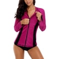 thumbnail image 1 of Women Long Sleeve Zipper Rash Guard Color Block Swimwear UPF 50+ Sun Protection Running Shirt, 1 of 7