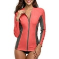 thumbnail image 1 of Women Long Sleeve Zipper Rash Guard Color Block Swimwear UPF 50+ Sun Protection Running Shirt, 1 of 6