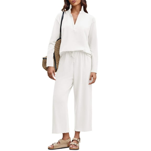 Women Long Sleeved 2 Piece Outfits Sweatsuit V-neck Casual Knit Tops & Pants