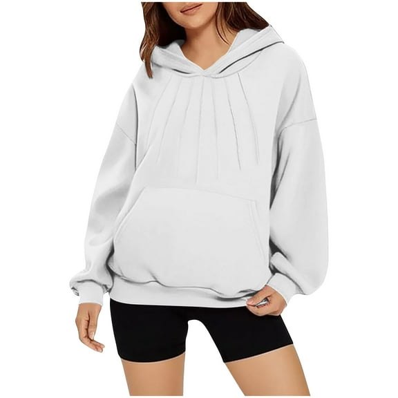 Women Long Sleeved Pullover Hooded Fashionable Casual Solided Pocket Casual Hooded Sweatshirt Top with Pocket