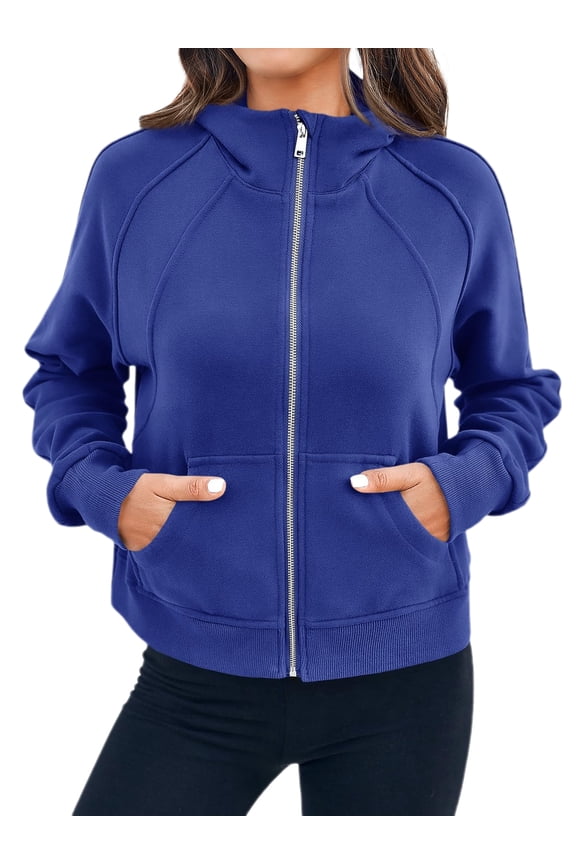 Women Long Sleeved Solid Color Hooded Zipper Hoodies Sport Casual Jacket with Kangaroo Pocket