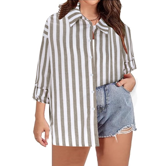 Women Long Sleeved Striped Button Up Shirt With And Adjustable Sleeve Top Ordinary Casual Shirt Plus Size Off The Shoulder Shirts & Tops Button Up Long Sleeve Top Red Puff Sleeve Top