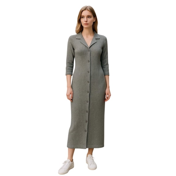 Women Long Sleeves Button Front Knitted Sweater Maxi Dress With Two Side Pocket.