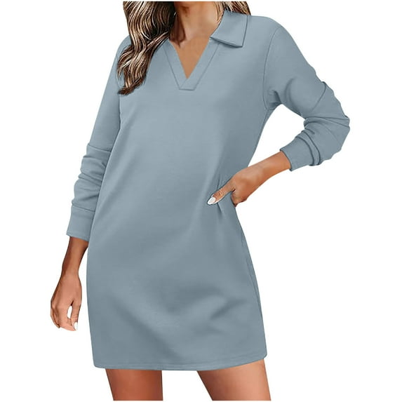 Women Long Sleeves Dresses Women's Long Sleeved Lapel V-neck Sportswear Loose Solid Color Dress on Clearance Gray, M