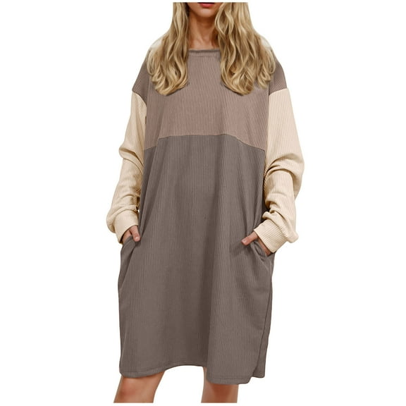 Women Long Sleeves Dresses Women's Solid Color Long Sleeve Neck Slim Slit Dress Long Sleeve Round-Neck Dress