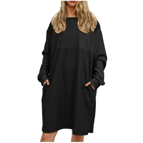 Women Long Sleeves Dresses Women's Solid Color Long Sleeve Neck Slim Slit Dress Long Sleeve Round-Neck Dress