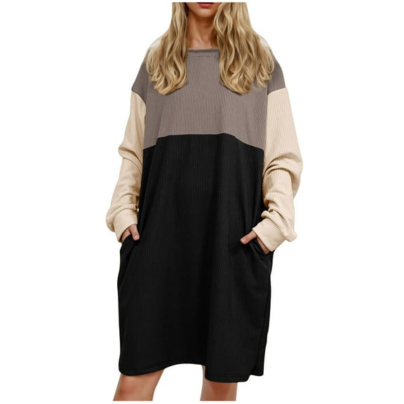 Women Long Sleeves Dresses Women's Solid Color Long Sleeve Neck Slim Slit Dress Long Sleeve Round-Neck Dress Family Gifts Black, L