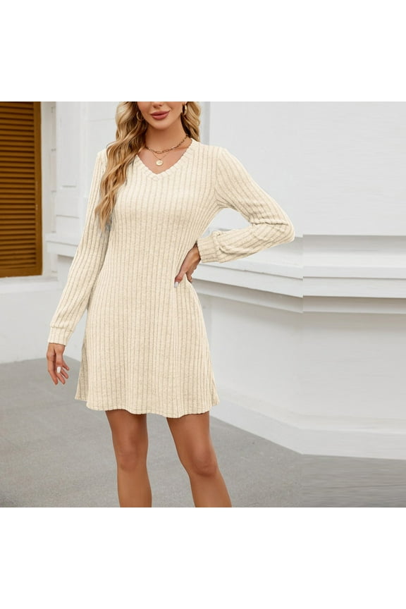Long Sleeves Dresses, Women's Spring Dots Solid Color Long Sleeve Closed Temperament Dress