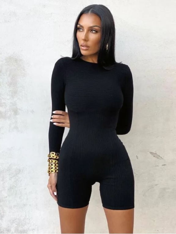 Women Long Sleeves Jumpsuits, Summer u Neck one Piece outfits, Workout Bodysuits Shorts for Yoga
