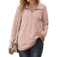 thumbnail image 1 of Women Long Sleeves Knit Top Turn Down Collar Zipper V Neck Loose Type Casual T Shirt Pink XXL, 1 of 7