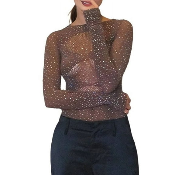 Deliqiba Women Long Sleeves Mesh See Through Jumpsuit Bodysuit Top Leotard Coffee Color One size