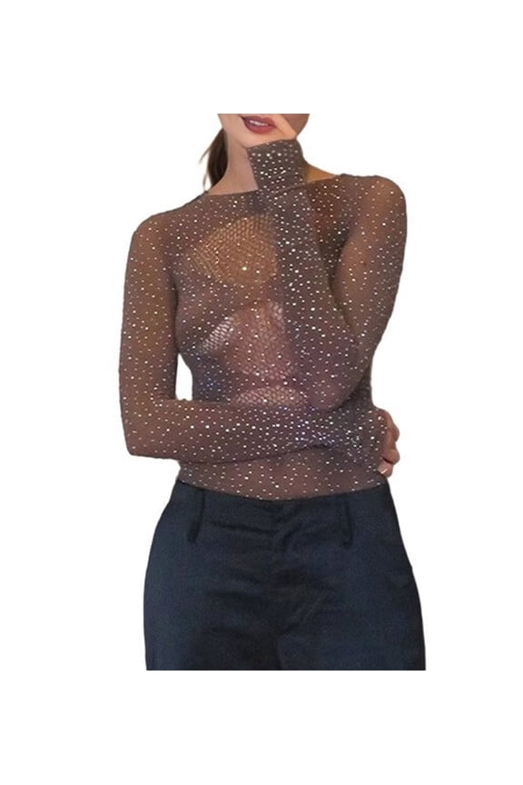 Women Long Sleeves Mesh See Through Jumpsuit Bodysuit Top Leotard Coffee Color One size