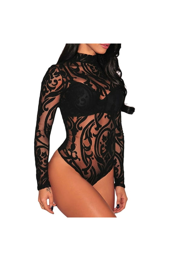 Women Long Sleeves Mesh See Through Jumpsuit Bodysuit Top Leotard