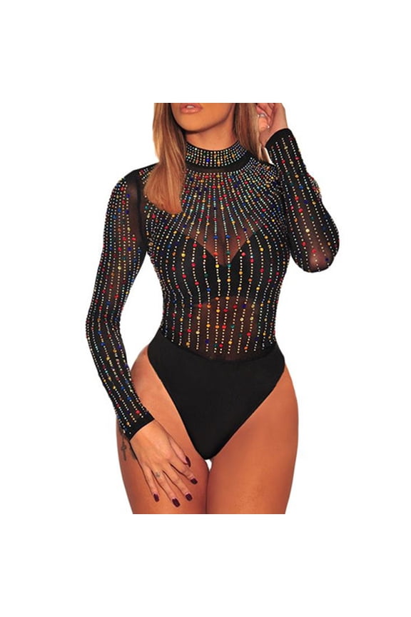 Women Long Sleeves Mesh See Through Jumpsuit Bodysuit Top Leotard