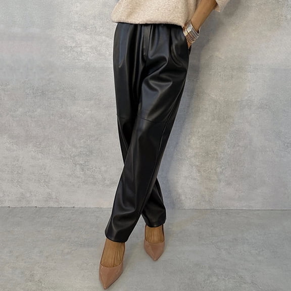 Women Long Slim Fit Pocketed PU Leather Elastic Belt Solid Color Pants plus Size Stretch Pants Harem Pant Women Yoga Pants with Pockets Casual Women for Beach Cropped Pants Women Casual Womens Wide