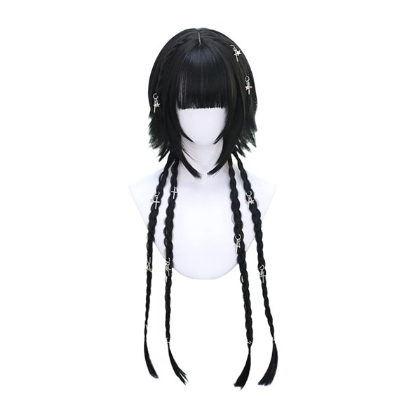 Women Long Straight Wig with Bang Hime Cut Wigs Braids Sweet Lolita Princess Wigs for Daily Party (Black-braid)