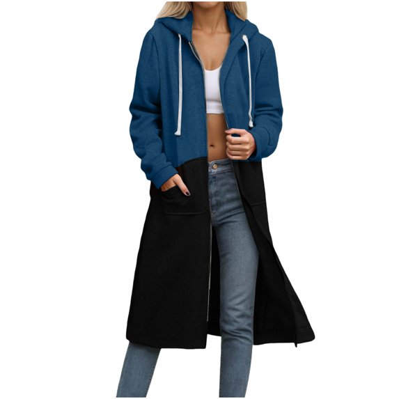 Women Long Sweatshirt Jackets with Pockets Colorblock/Solid Zip Up Hoodie Trendy Casual Fall Outerwear Sport Coat (3XL, Blue+Black)