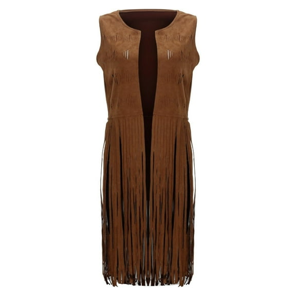 Women Long Tassel Vest Western Faux-Suede Fringe Jacket Boho Sleeveless Vintage Hippie Open Front Cardigan Outwear Khaki, L