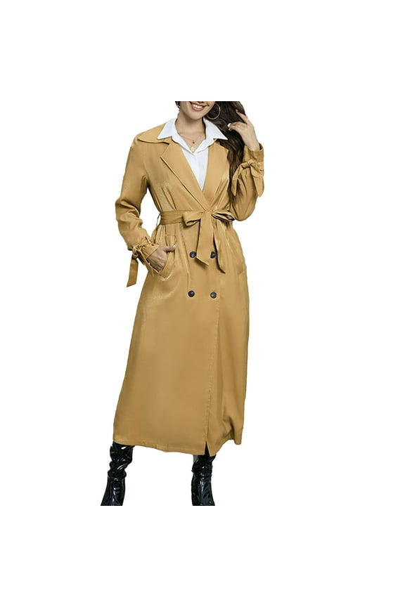 Women Long Trenchcoat Double Breasted Belted Overcoat Turn Down Collor Waist Slimming Cuff Decoration Pockets Long Sleeve Coat Yellow L