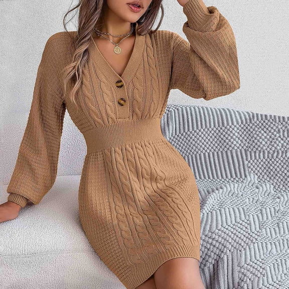 Women Long V Neck Button High Elastic Knit Striped Dress Sweater Short Casual Dress for Women Dresses for Women plus Size Long Beach Dresses for Women Women's Wrap Dress Wrap Dresses Wrap Dresses for