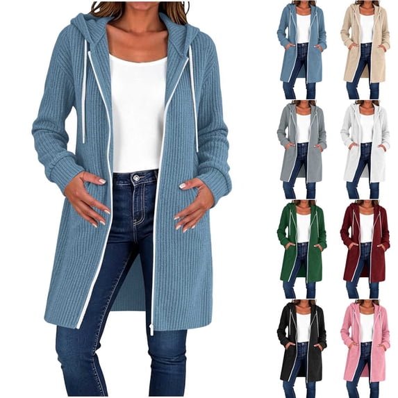 Women Long Vertical Ribbed Knit Hooded Sevevn Cardigan Full Zip Drawstring Dual Side Pockets Long Sleeve Casual Outer Coat For Spring Fall