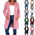 thumbnail image 1 of Women Long Vertical Ribbed Knit Hooded Sevevn Cardigan Full Zip Drawstring Dual Side Pockets Long Sleeve Casual Outer Coat For Spring Fall, 1 of 8